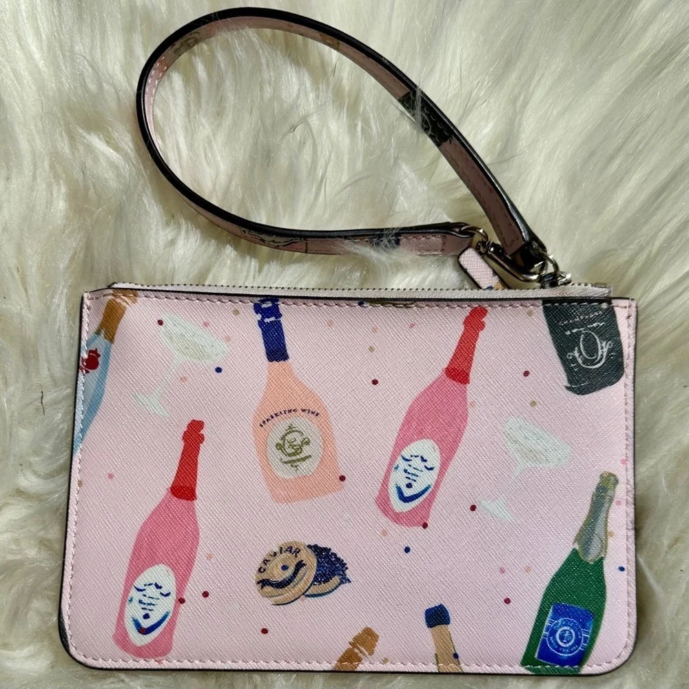 Kate Spade Pink Clutch with Whimsical Champagne Print Wristlet Bag
